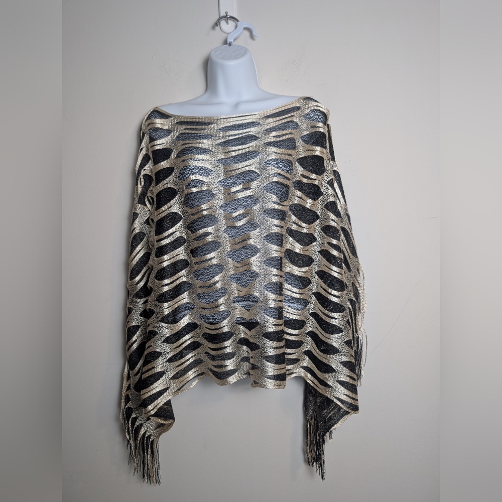 A & O International Poncho Shawl Shimmer Gold Black Fringe Os